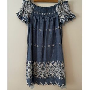 Glamorous off the shoulder blue chambray embroidered midi dress